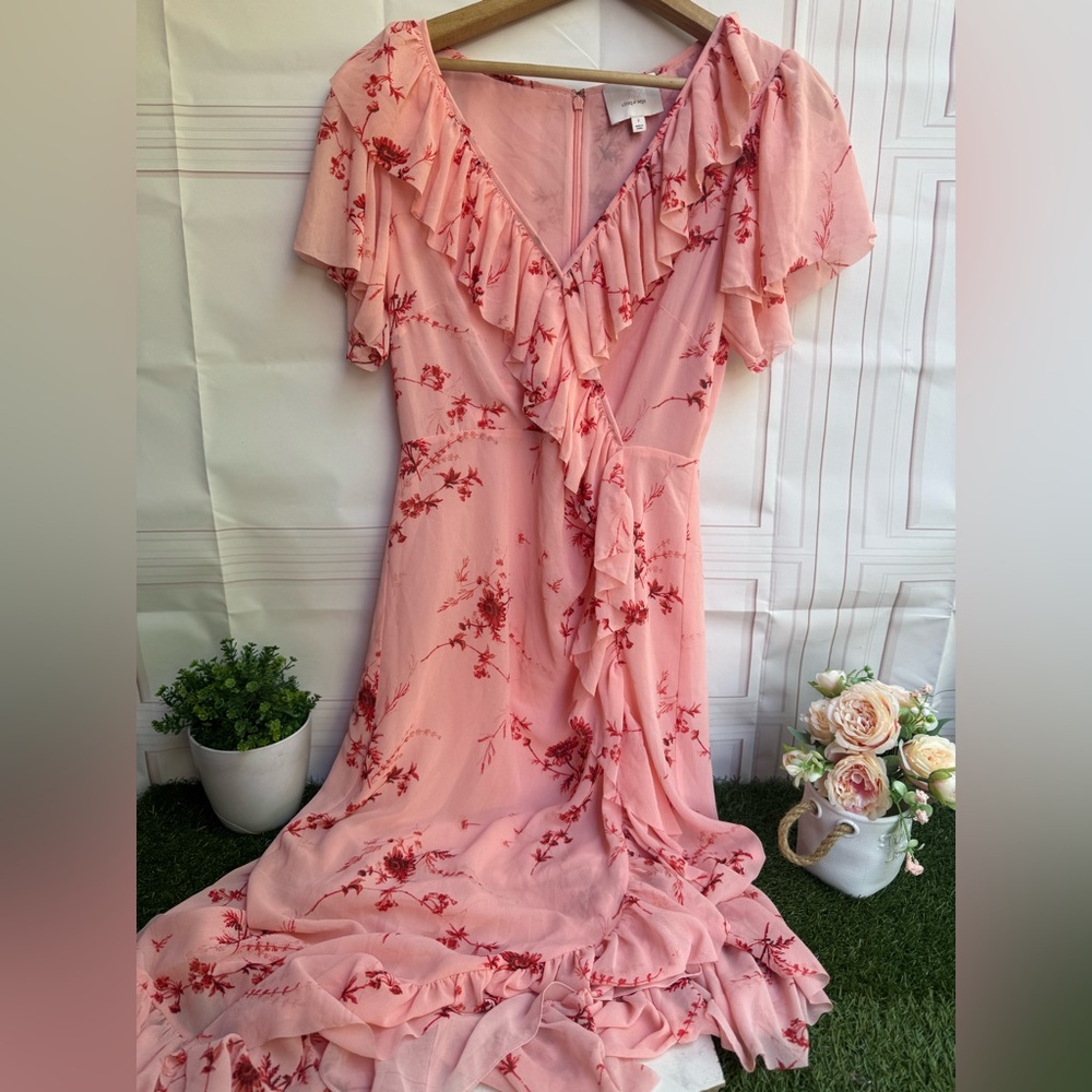 Cinq a Sept Fleur Sheila Faux Wrap dress. pale roseFloral Pink Ruffle Wrap Dress - Picture 10 of 15